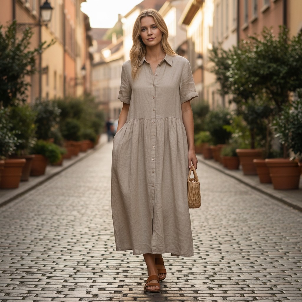 Sauths Linen Button Front Dress Womens L Tan Beige Short Sleeve Midi Maxi